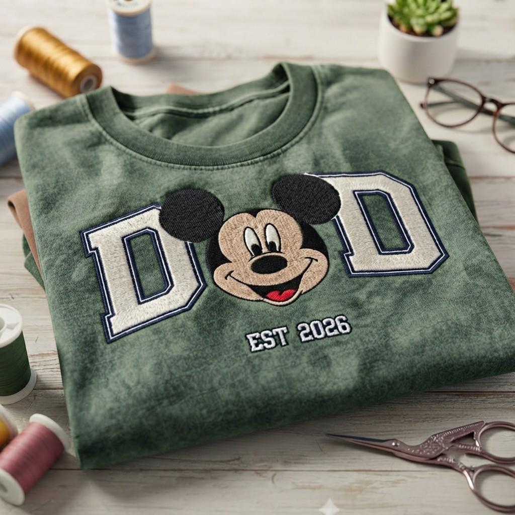 Embroidered Disney Mickey Mouse Dad Est 2026 Wash Tee for Father and Disneyland Vacation Retro Disney Park Outfit - photo 3