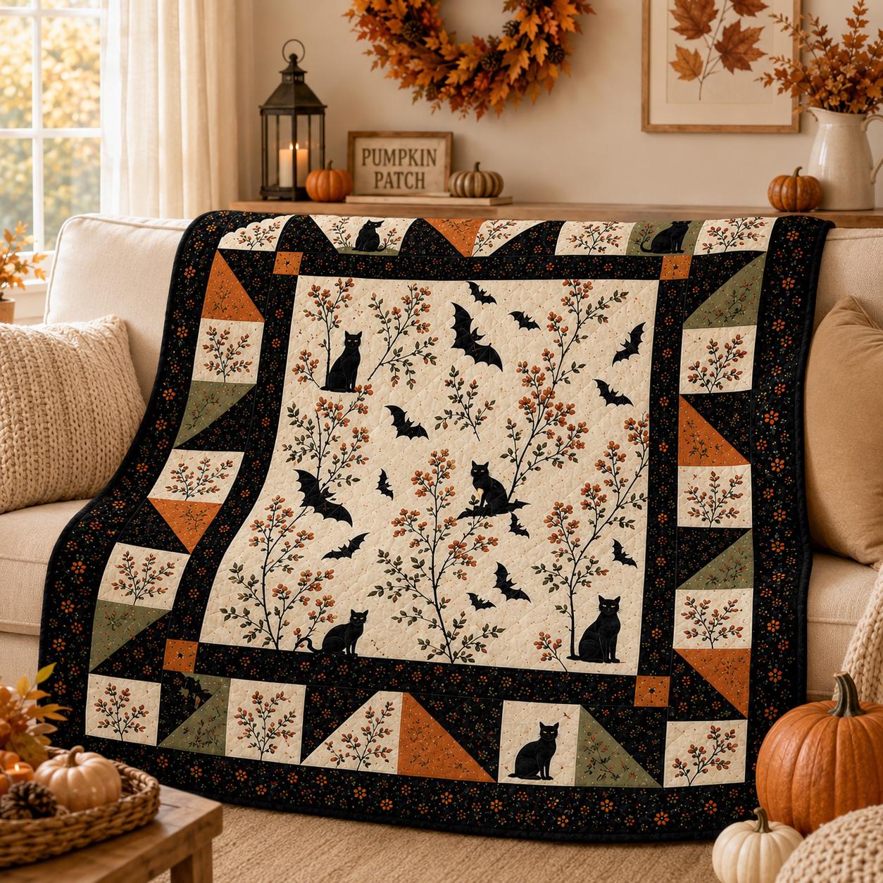 Halloween Bat and Black Cat Quilt Blanket – Vintage Flying Bats Patchwork Throw for Cozy Fall Sofa, Gothic Floral Autumn Bedding Spooky Gift