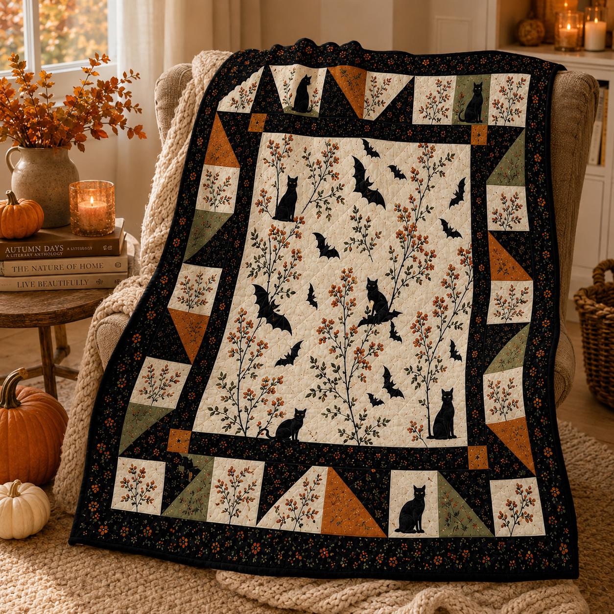 Halloween Bat and Black Cat Quilt Blanket – Vintage Flying Bats Patchwork Throw for Cozy Fall Sofa, Gothic Floral Autumn Bedding Spooky Gift - photo 2