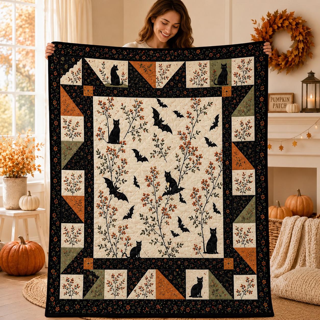 Halloween Bat and Black Cat Quilt Blanket – Vintage Flying Bats Patchwork Throw for Cozy Fall Sofa, Gothic Floral Autumn Bedding Spooky Gift - photo 3