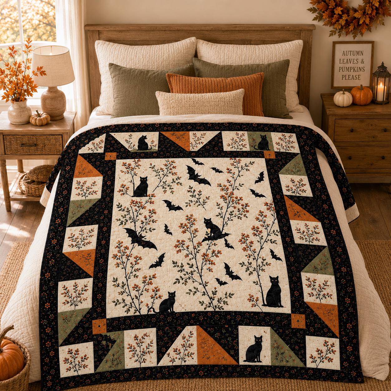Halloween Bat and Black Cat Quilt Blanket – Vintage Flying Bats Patchwork Throw for Cozy Fall Sofa, Gothic Floral Autumn Bedding Spooky Gift - photo 4