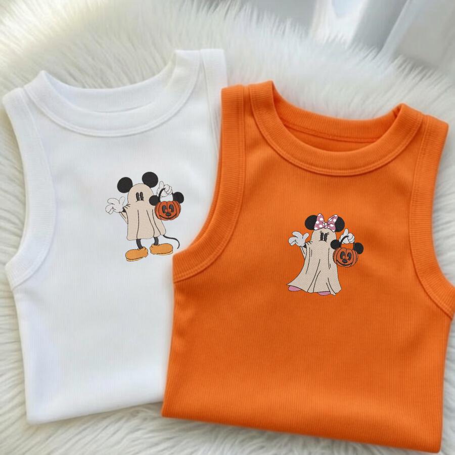 Embroidered Disney Mickey and Minnie Ghost Halloween Tank Top Baby Tee for Spooky Season WDW Disney Halloween Outfit