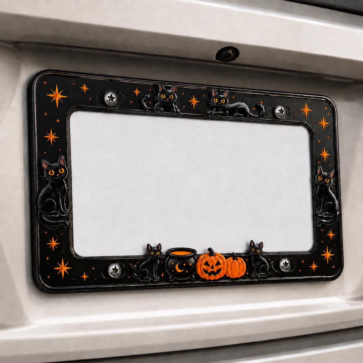 Car Tag Frame For Cute Halloween Car Accessory Gift With Spooky Witchy Auto Decor And Minimal Black Cat Pumpkin License Plate Frame