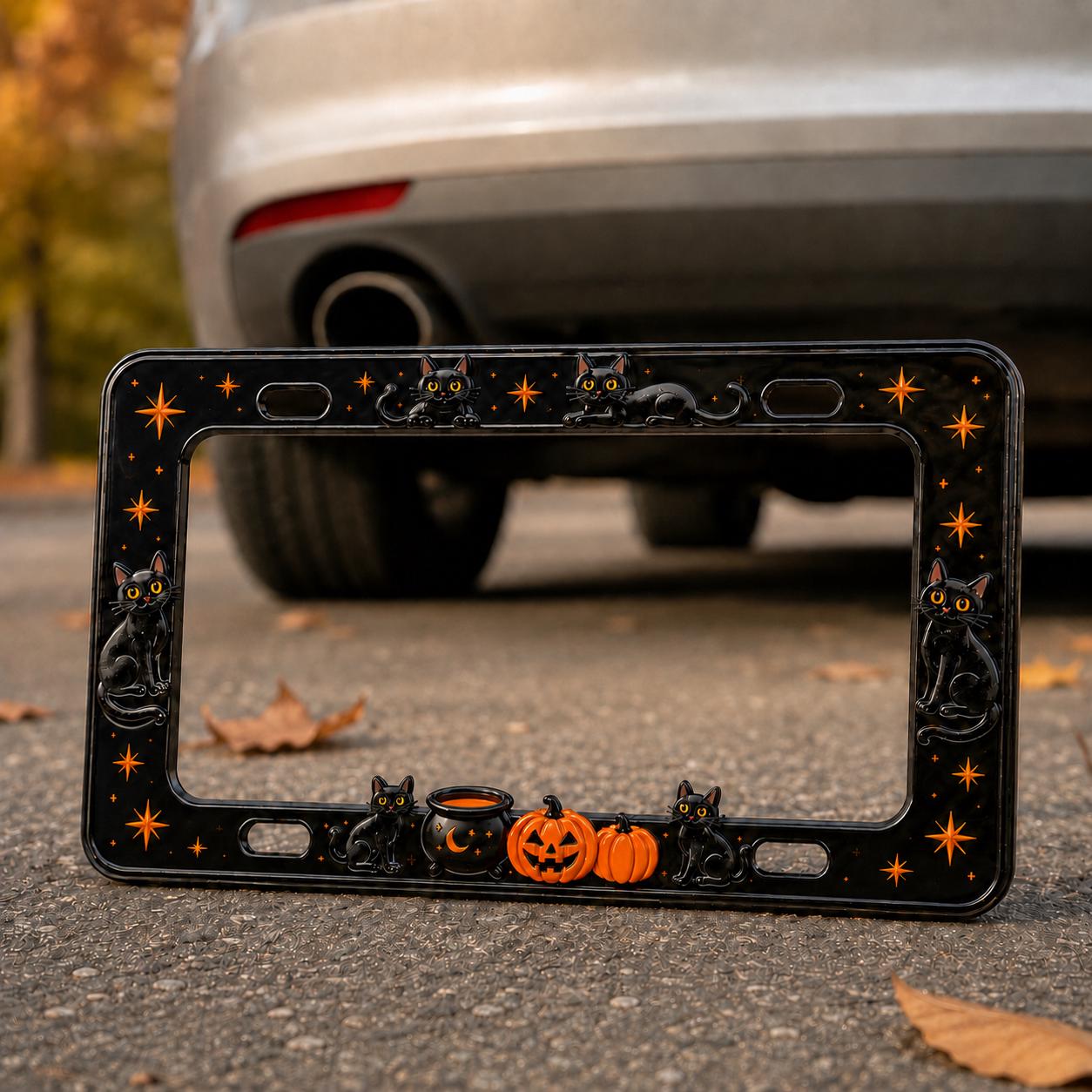 Car Tag Frame For Cute Halloween Car Accessory Gift With Spooky Witchy Auto Decor And Minimal Black Cat Pumpkin License Plate Frame - photo 2