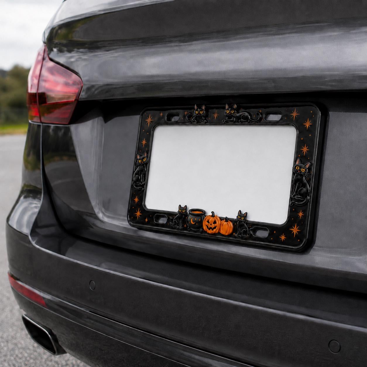 Car Tag Frame For Cute Halloween Car Accessory Gift With Spooky Witchy Auto Decor And Minimal Black Cat Pumpkin License Plate Frame - photo 3