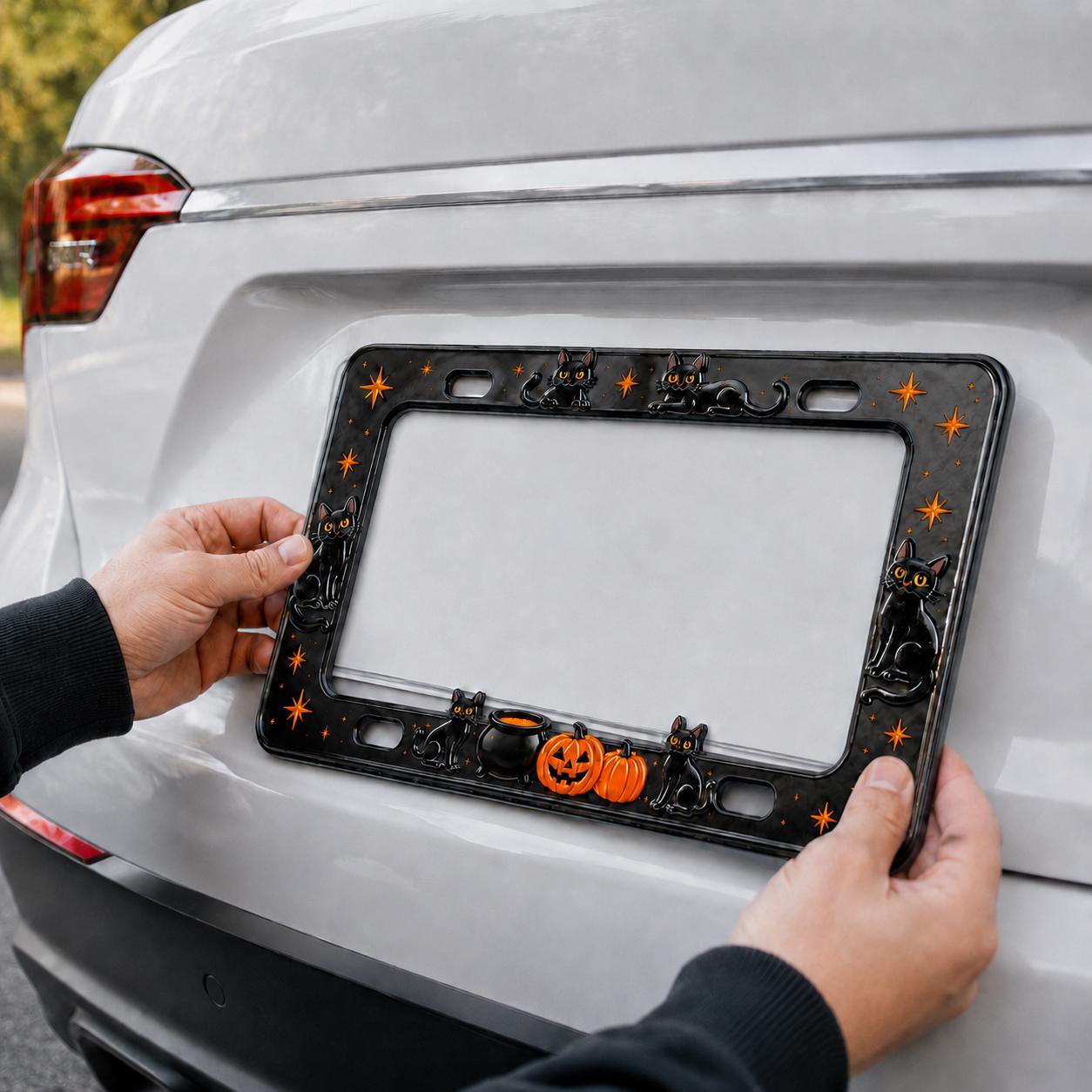 Car Tag Frame For Cute Halloween Car Accessory Gift With Spooky Witchy Auto Decor And Minimal Black Cat Pumpkin License Plate Frame - photo 10