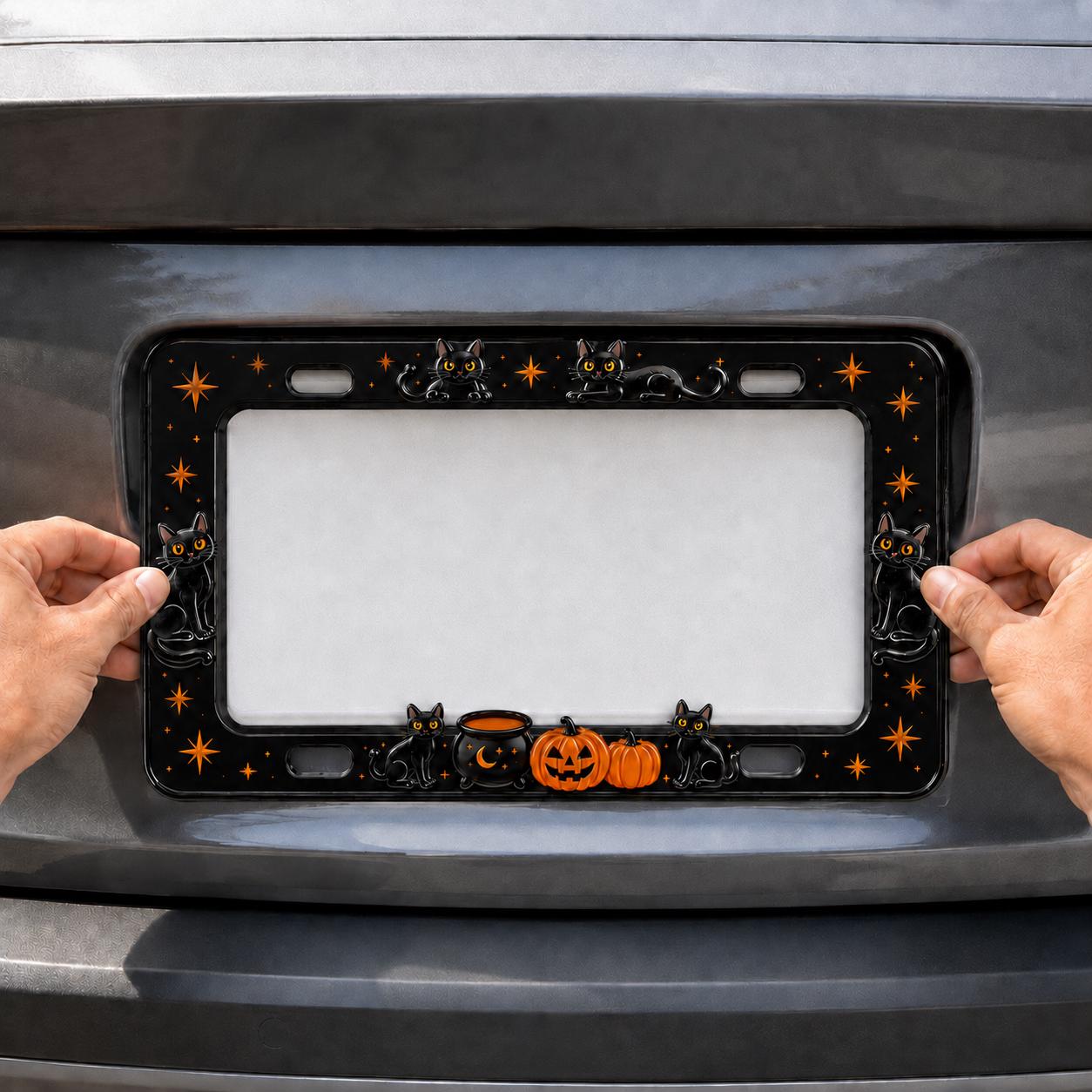 Car Tag Frame For Cute Halloween Car Accessory Gift With Spooky Witchy Auto Decor And Minimal Black Cat Pumpkin License Plate Frame - photo 12