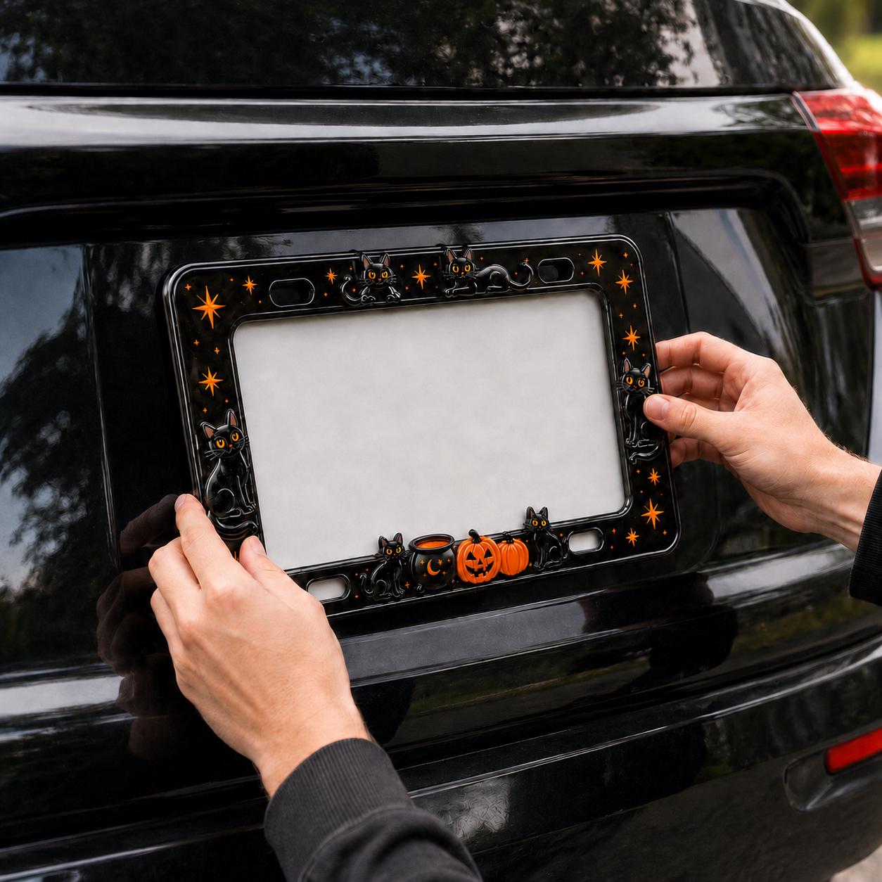 Car Tag Frame For Cute Halloween Car Accessory Gift With Spooky Witchy Auto Decor And Minimal Black Cat Pumpkin License Plate Frame - photo 13