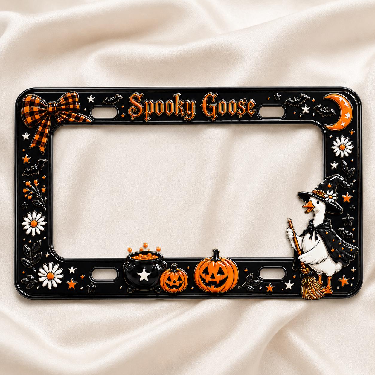 Car Tag Frame For Cute Halloween Car Accessory Gift With Pumpkin Cauldron Auto Decor And Spooky Goose Witch License Plate Frame