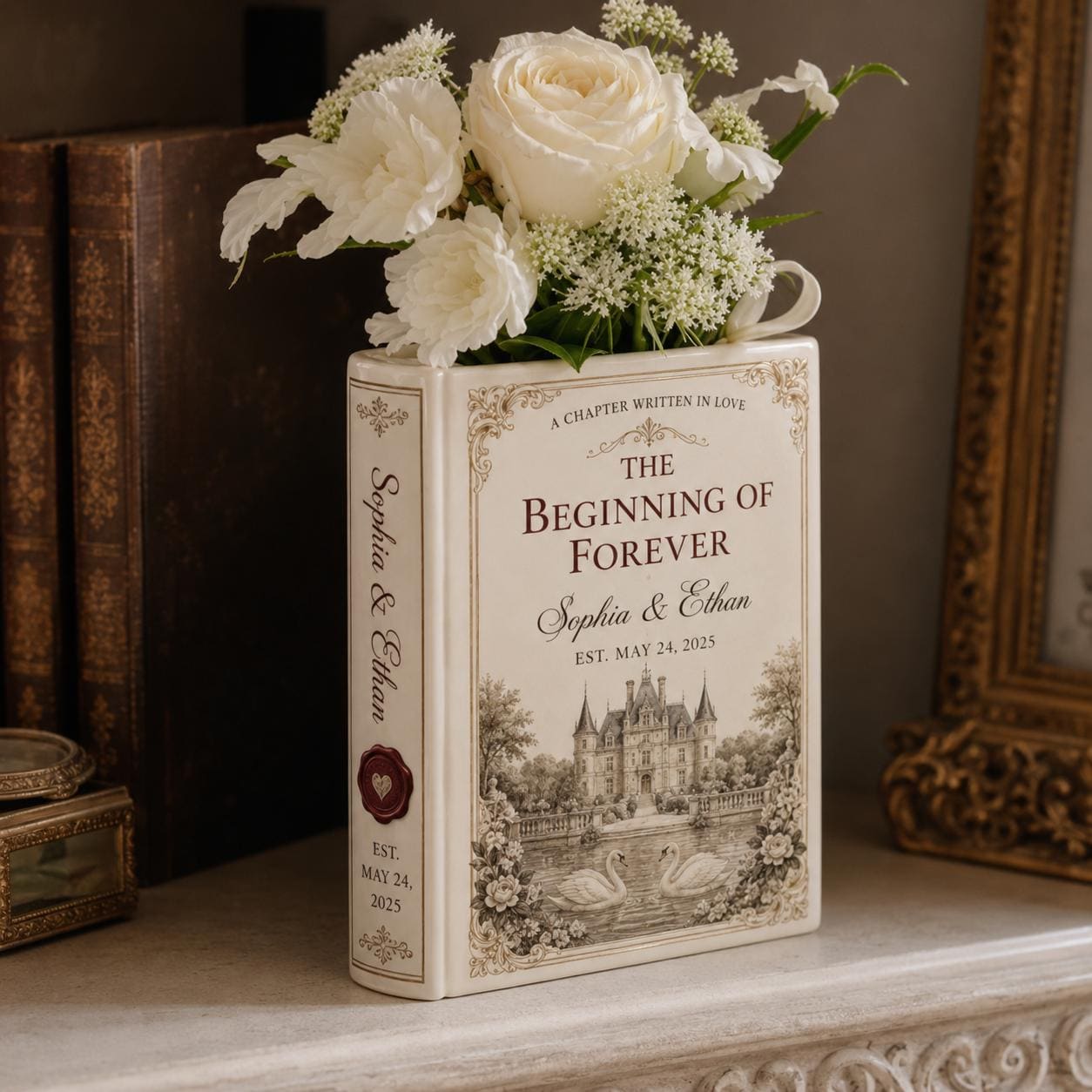 Personalized Ceramic Love Story Book Flower Vase – Romantic Anniversary Keepsake And Wedding Gift For Couple With Home Shelf Decor