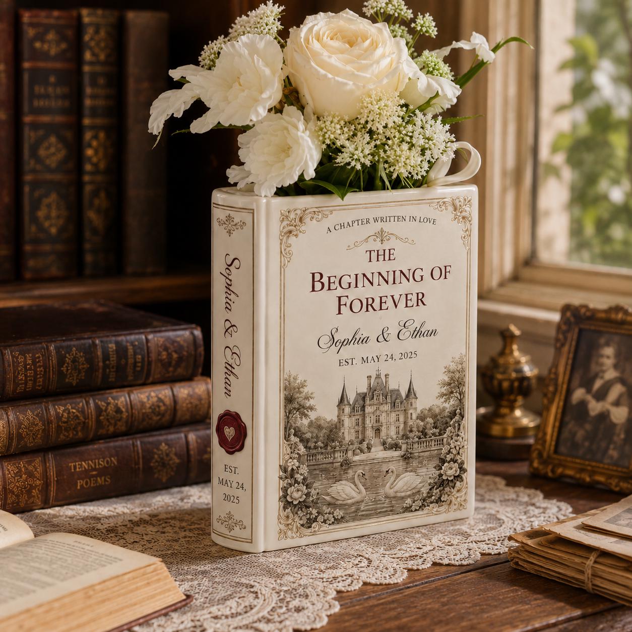 Personalized Ceramic Love Story Book Flower Vase – Romantic Anniversary Keepsake And Wedding Gift For Couple With Home Shelf Decor - photo 2