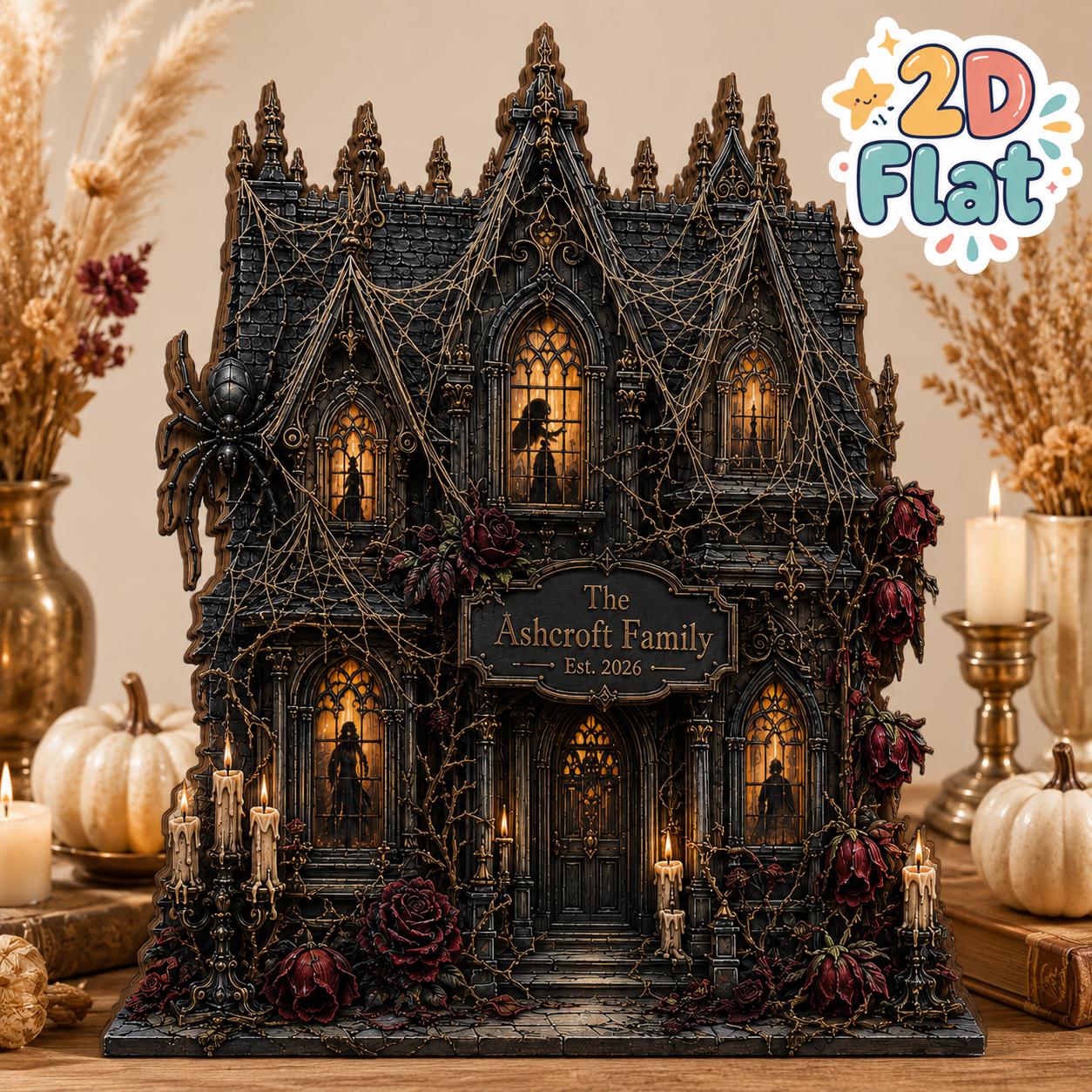 Custom Personalized Family Haunted House Wooden Block Sign – Gothic Shelf Sitter and Spooky Autumn Table Decoration for Halloween Decor