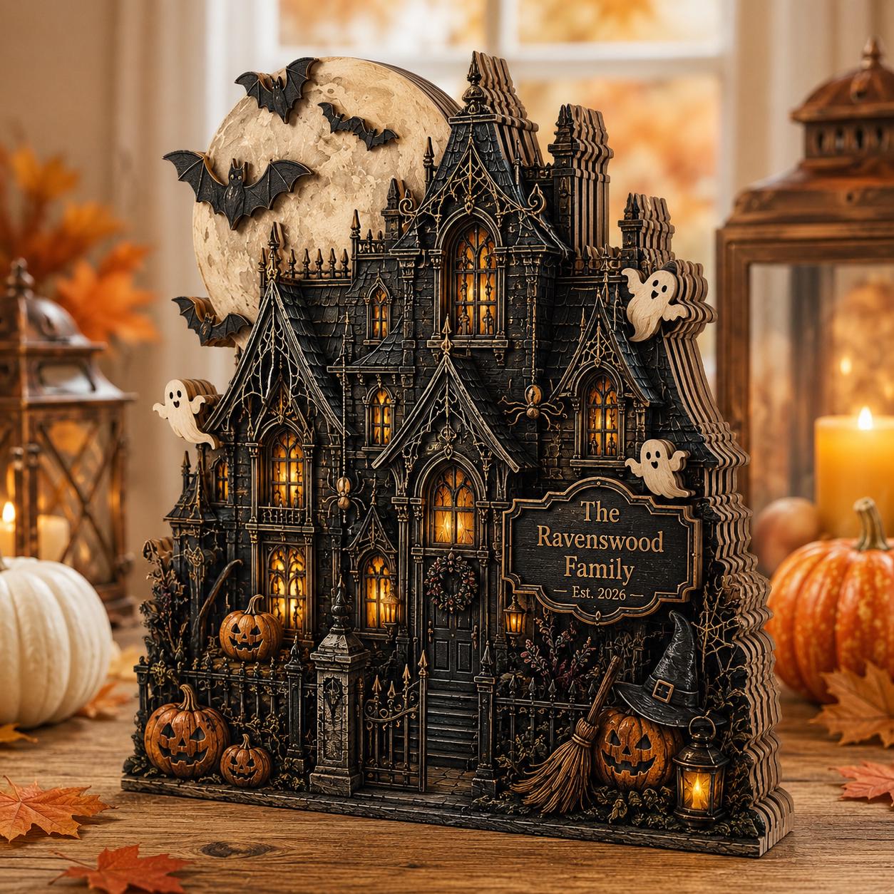 Haunted House Ghost Bat Pumpkin Sign – Wooden Block Halloween Shelf Decor and Vintage Tiered Tray Centerpiece Fall Housewarming Gift