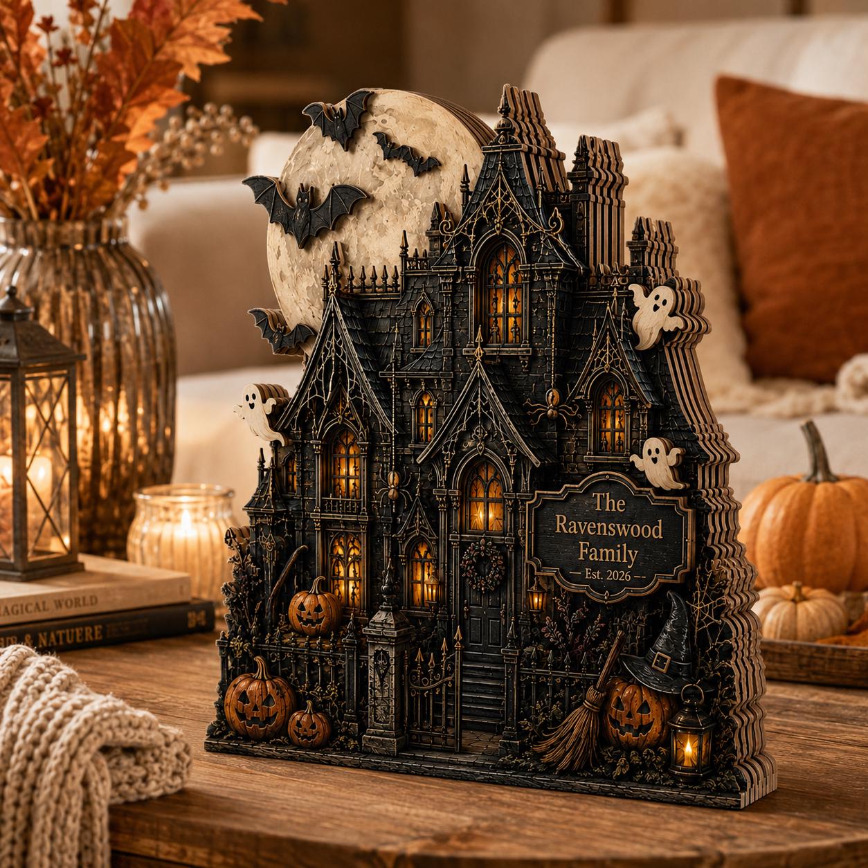 Haunted House Ghost Bat Pumpkin Sign – Wooden Block Halloween Shelf Decor and Vintage Tiered Tray Centerpiece Fall Housewarming Gift - photo 2