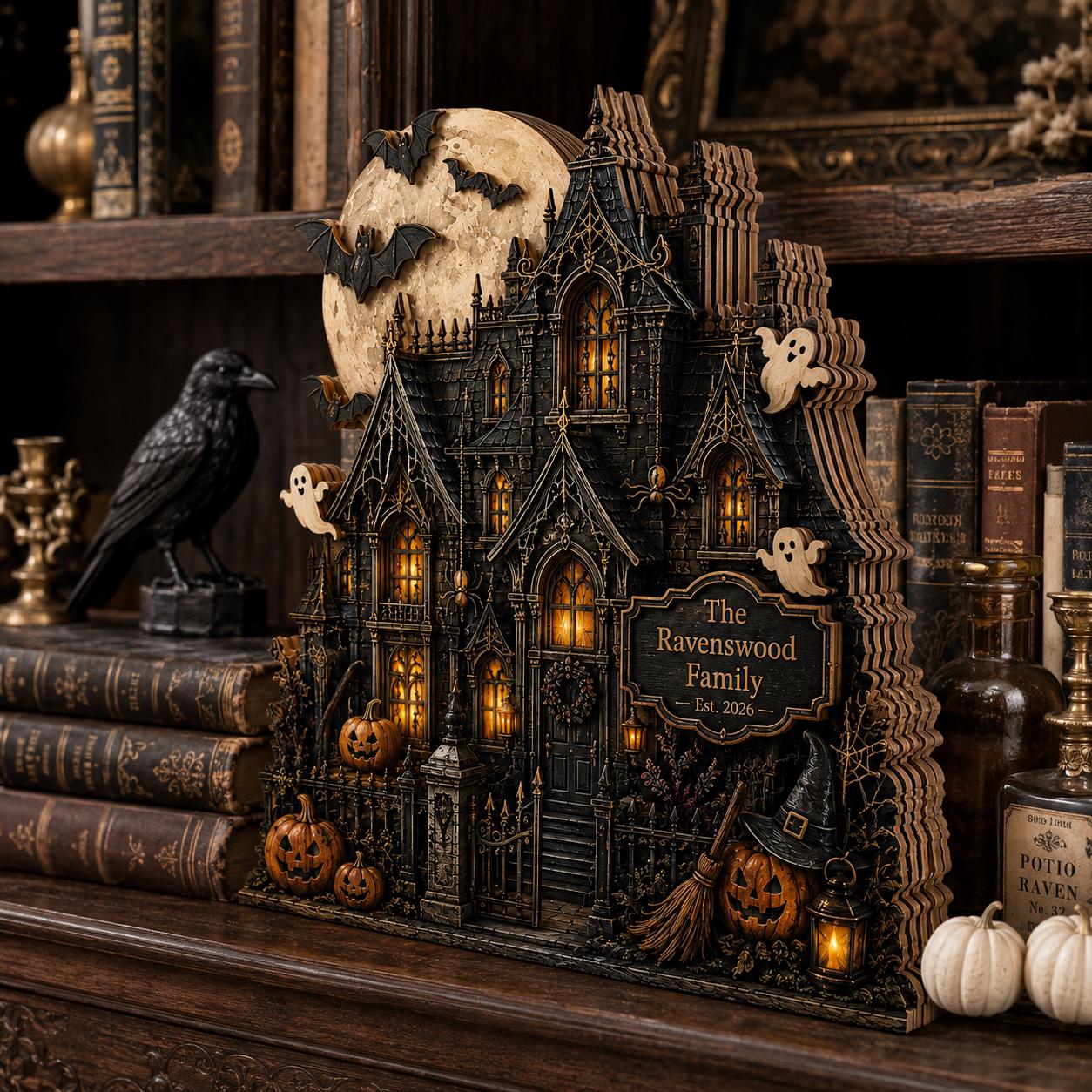 Haunted House Ghost Bat Pumpkin Sign – Wooden Block Halloween Shelf Decor and Vintage Tiered Tray Centerpiece Fall Housewarming Gift - photo 3