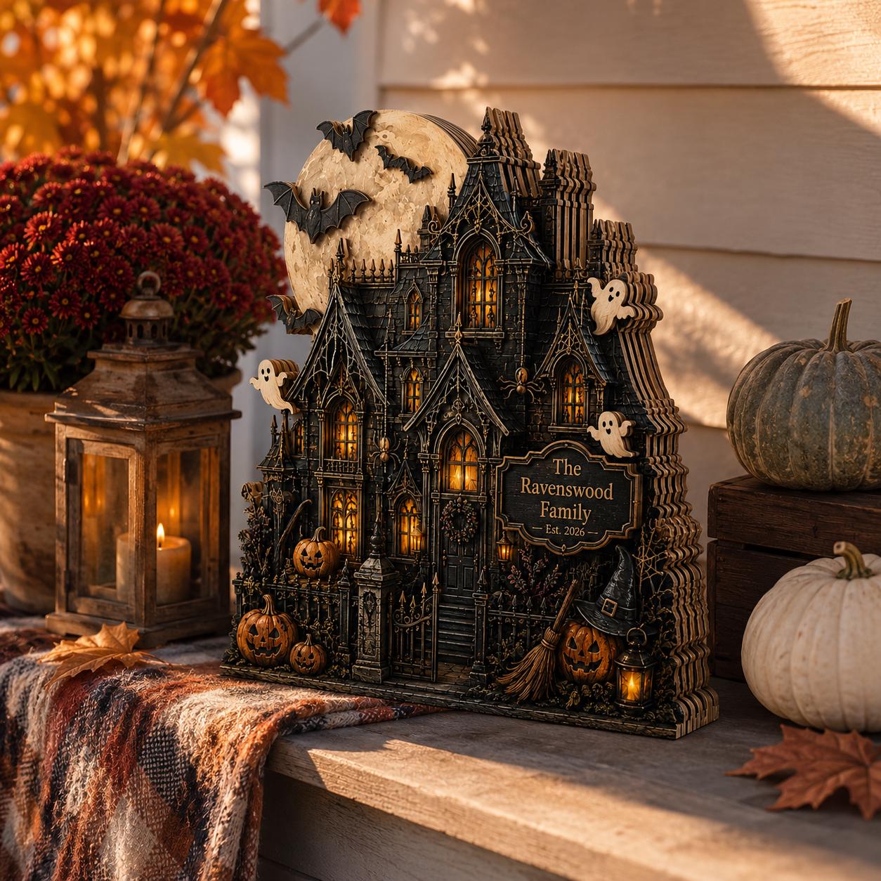 Haunted House Ghost Bat Pumpkin Sign – Wooden Block Halloween Shelf Decor and Vintage Tiered Tray Centerpiece Fall Housewarming Gift - photo 4