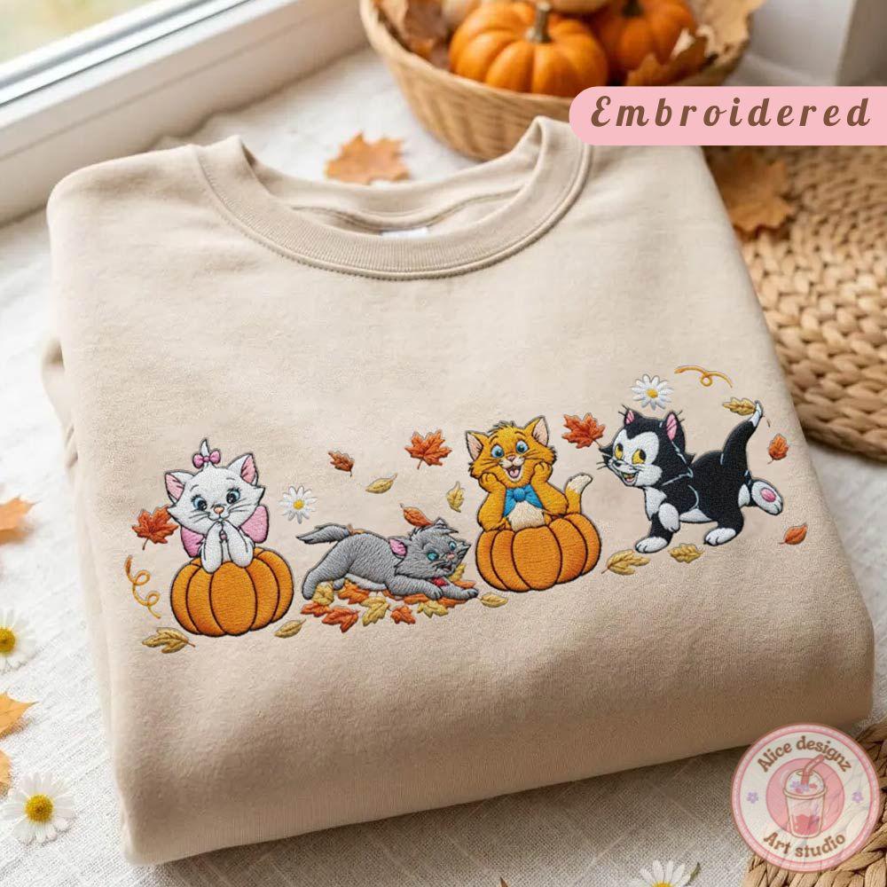 Embroidered Disney Cats Fall Vibes Pumpkin Halloween T-Shirt Sweatshirt Hoodie With Marie the Aristocats for WDW Disneyland