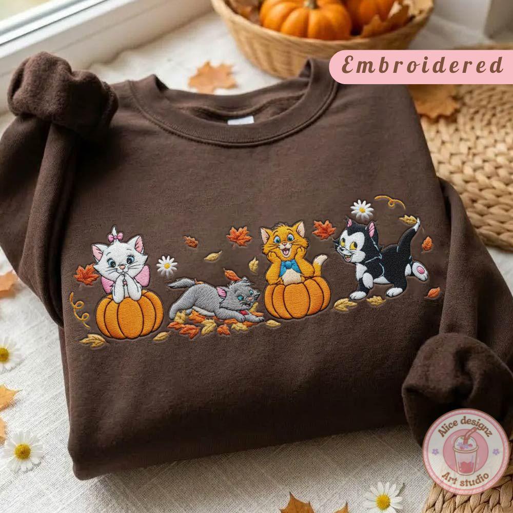 Embroidered Disney Cats Fall Vibes Pumpkin Halloween T-Shirt Sweatshirt Hoodie With Marie the Aristocats for WDW Disneyland - photo 2