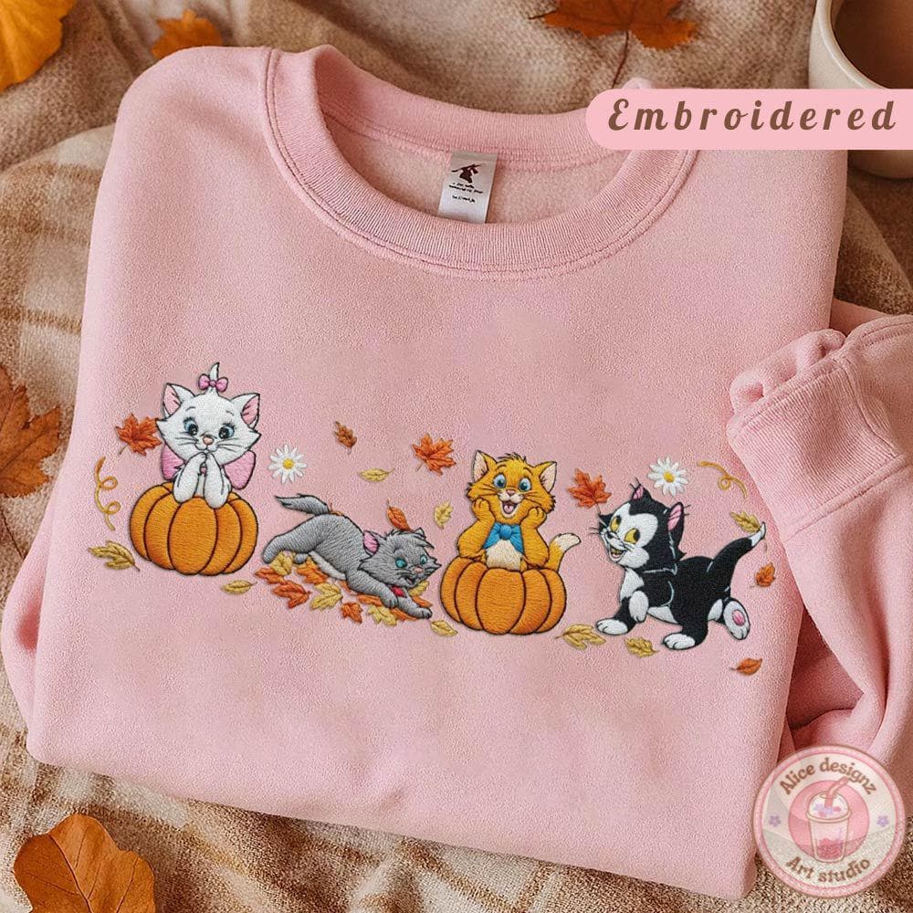 Embroidered Disney Cats Fall Vibes Pumpkin Halloween T-Shirt Sweatshirt Hoodie With Marie the Aristocats for WDW Disneyland - photo 3