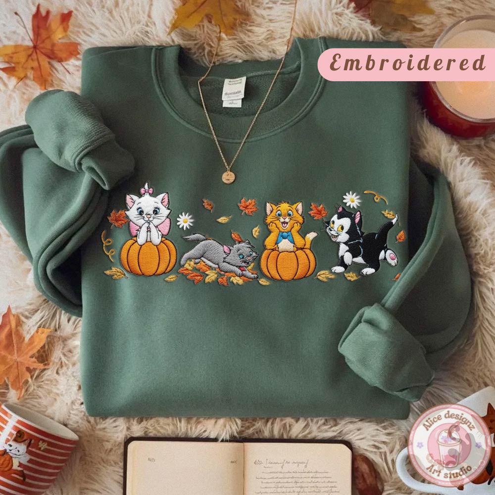 Embroidered Disney Cats Fall Vibes Pumpkin Halloween T-Shirt Sweatshirt Hoodie With Marie the Aristocats for WDW Disneyland - photo 4