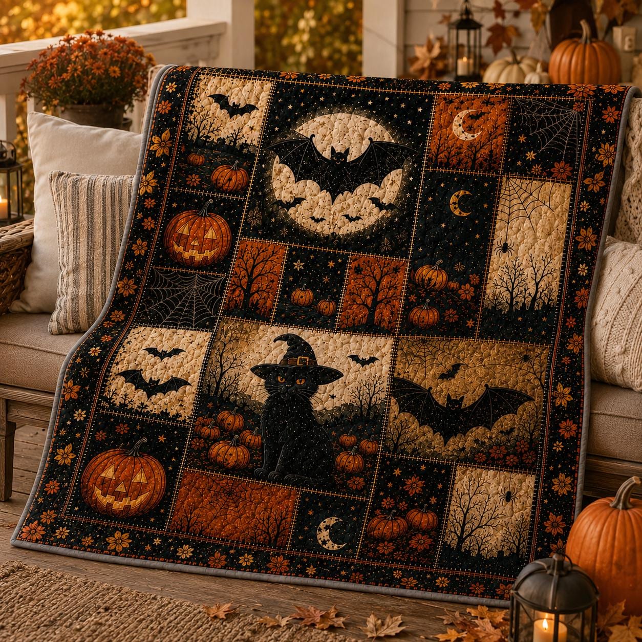 Quilt Blanket For Autumn Home Decor With Vintage Ghost Black Cat Pumpkin Throw And Rustic Fall Patchwork Bedding Cozy Halloween