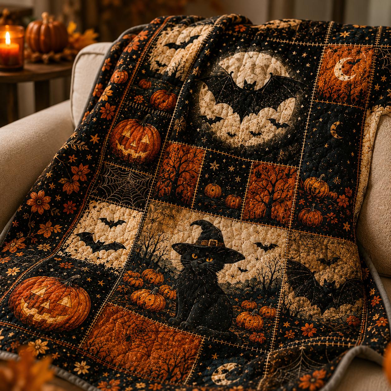Quilt Blanket For Autumn Home Decor With Vintage Ghost Black Cat Pumpkin Throw And Rustic Fall Patchwork Bedding Cozy Halloween - photo 2