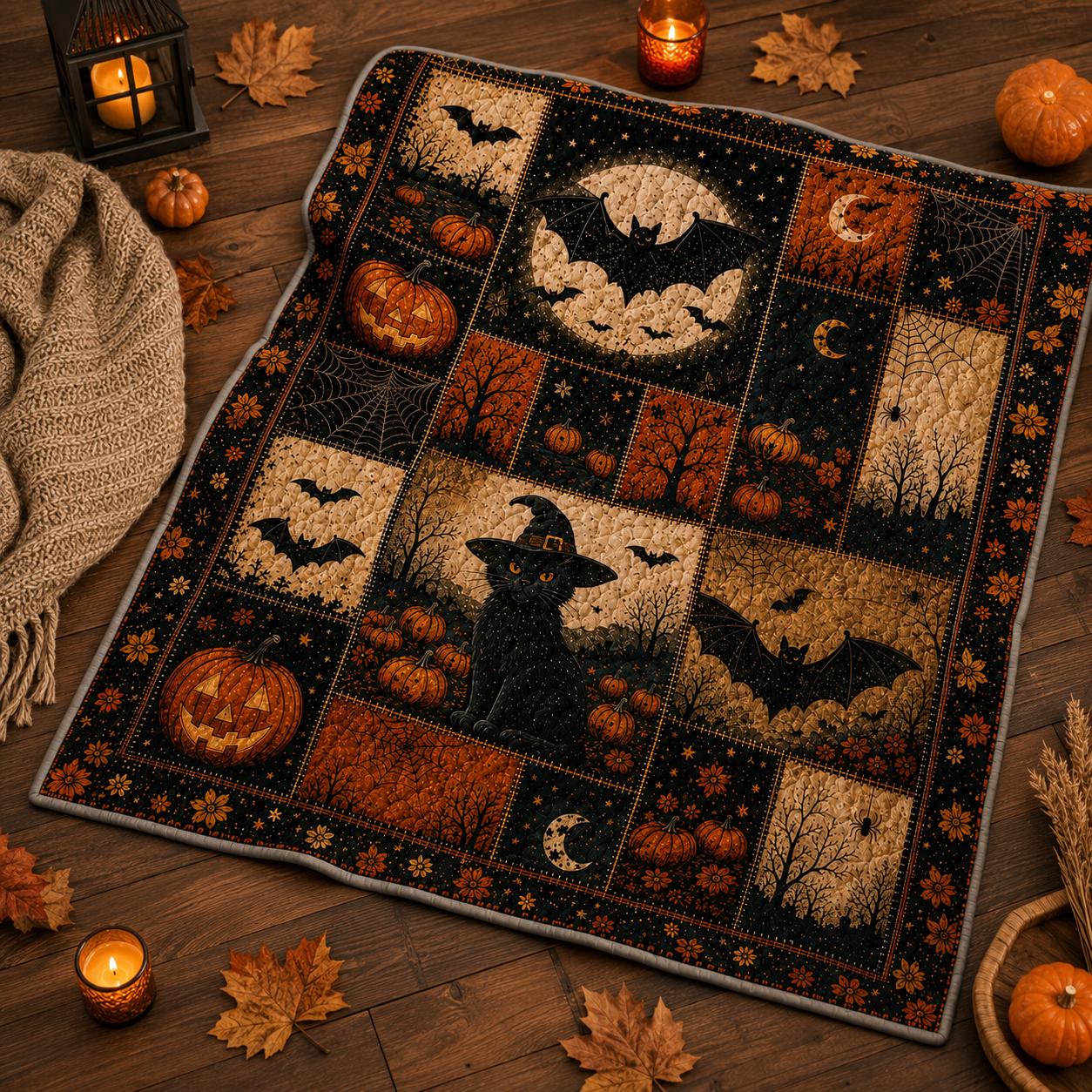 Quilt Blanket For Autumn Home Decor With Vintage Ghost Black Cat Pumpkin Throw And Rustic Fall Patchwork Bedding Cozy Halloween - photo 3
