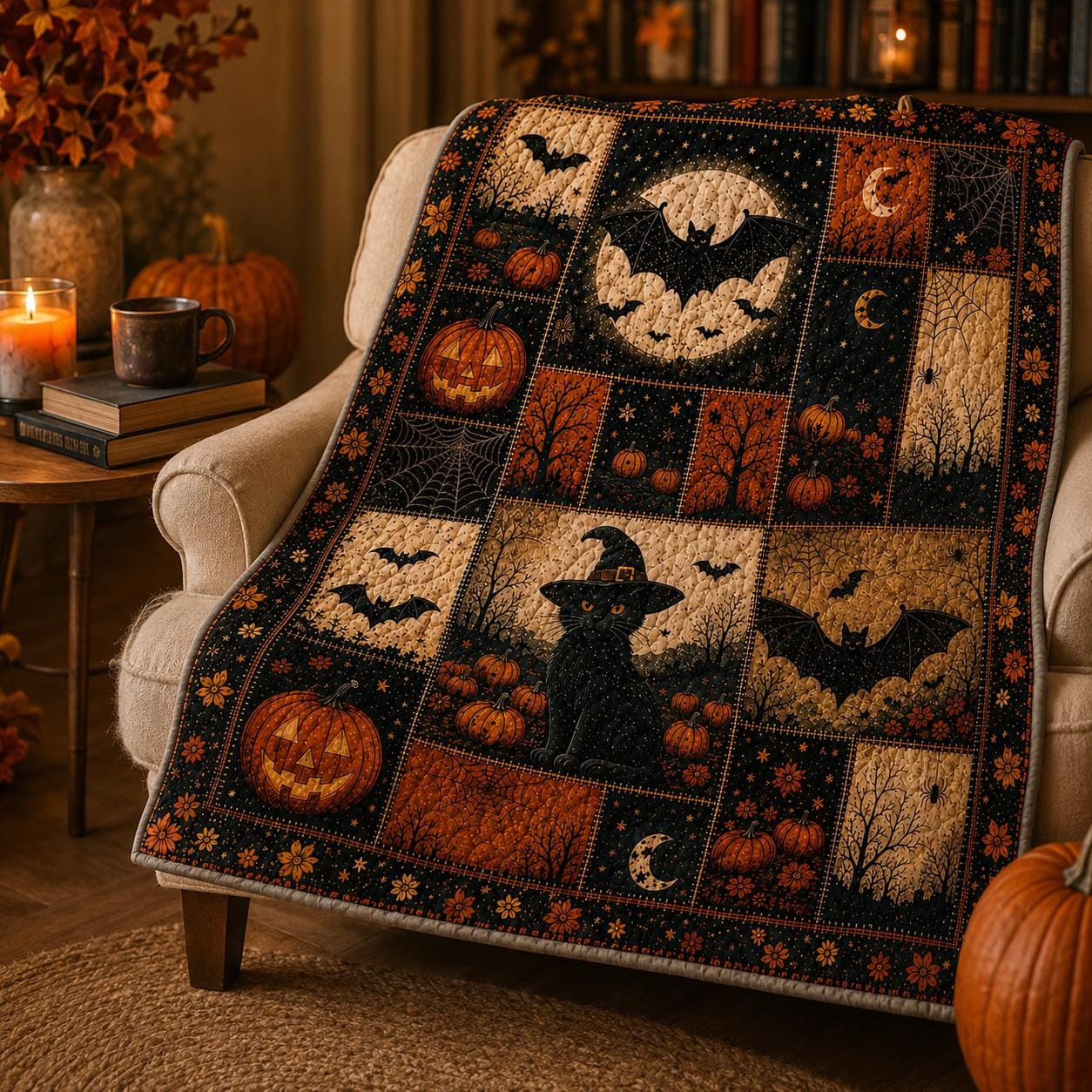 Quilt Blanket For Autumn Home Decor With Vintage Ghost Black Cat Pumpkin Throw And Rustic Fall Patchwork Bedding Cozy Halloween - photo 4