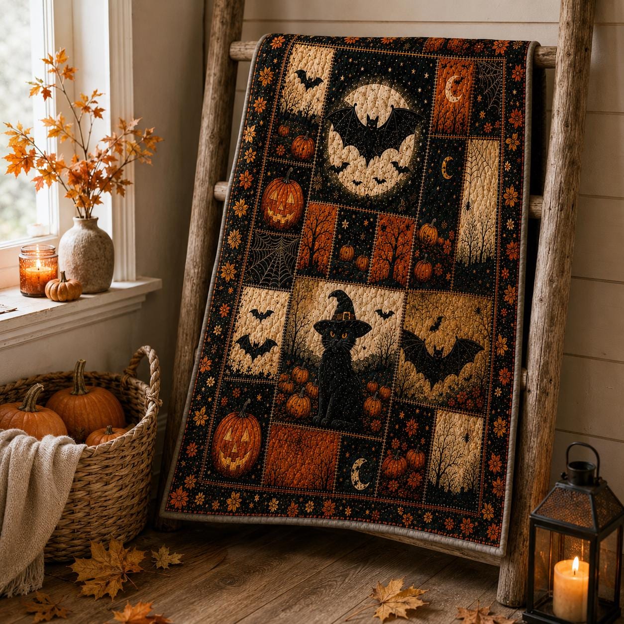 Quilt Blanket For Autumn Home Decor With Vintage Ghost Black Cat Pumpkin Throw And Rustic Fall Patchwork Bedding Cozy Halloween - photo 5