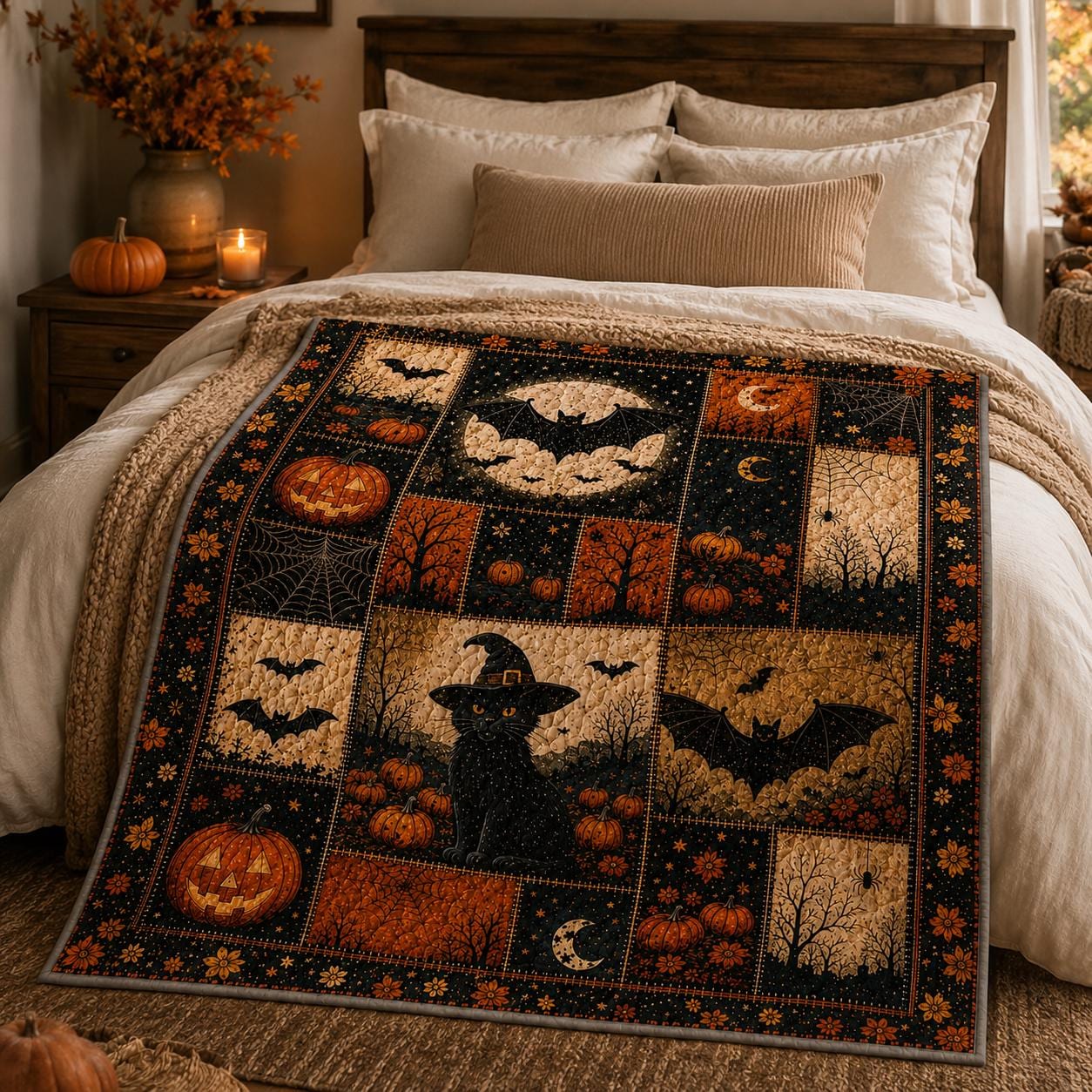 Quilt Blanket For Autumn Home Decor With Vintage Ghost Black Cat Pumpkin Throw And Rustic Fall Patchwork Bedding Cozy Halloween - photo 6