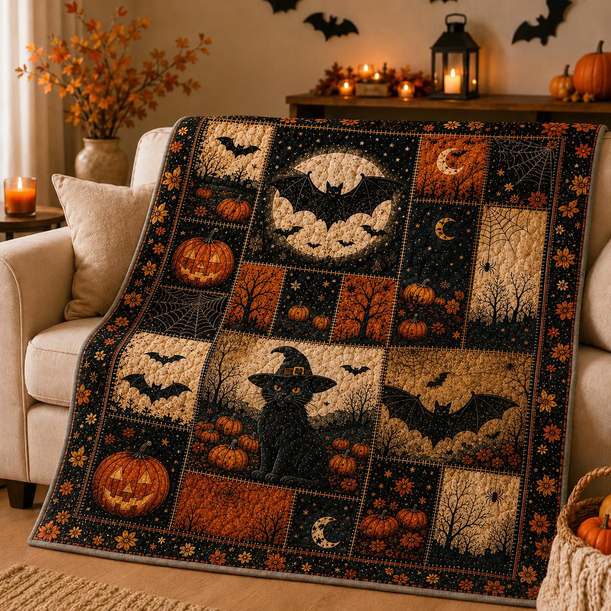 Quilt Blanket For Autumn Home Decor With Vintage Ghost Black Cat Pumpkin Throw And Rustic Fall Patchwork Bedding Cozy Halloween - photo 7