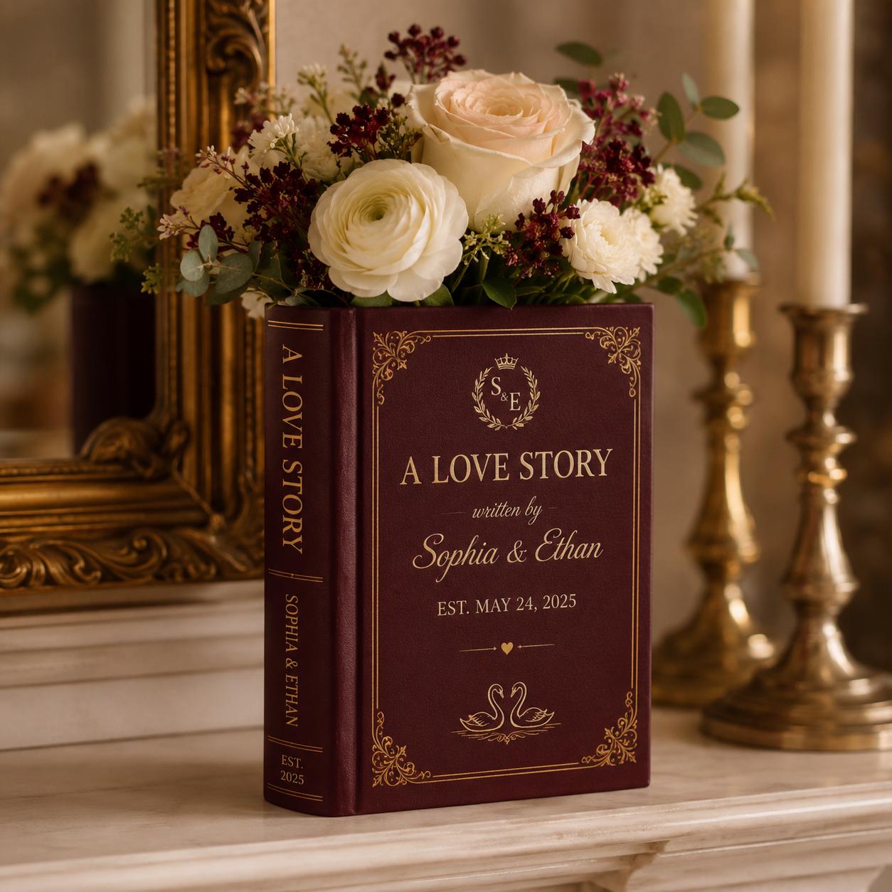 Custom Ceramic Book Vase – Romantic Book Flower Vase and Personalized Anniversary Gift for Couple Wedding Decor Elegant Shelf Accent