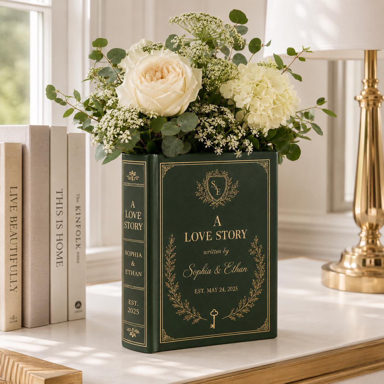 Personalized Ceramic Love Story Book Flower Vase – Elegant Shelf Decor And Romantic Wedding Anniversary Gift For Couple