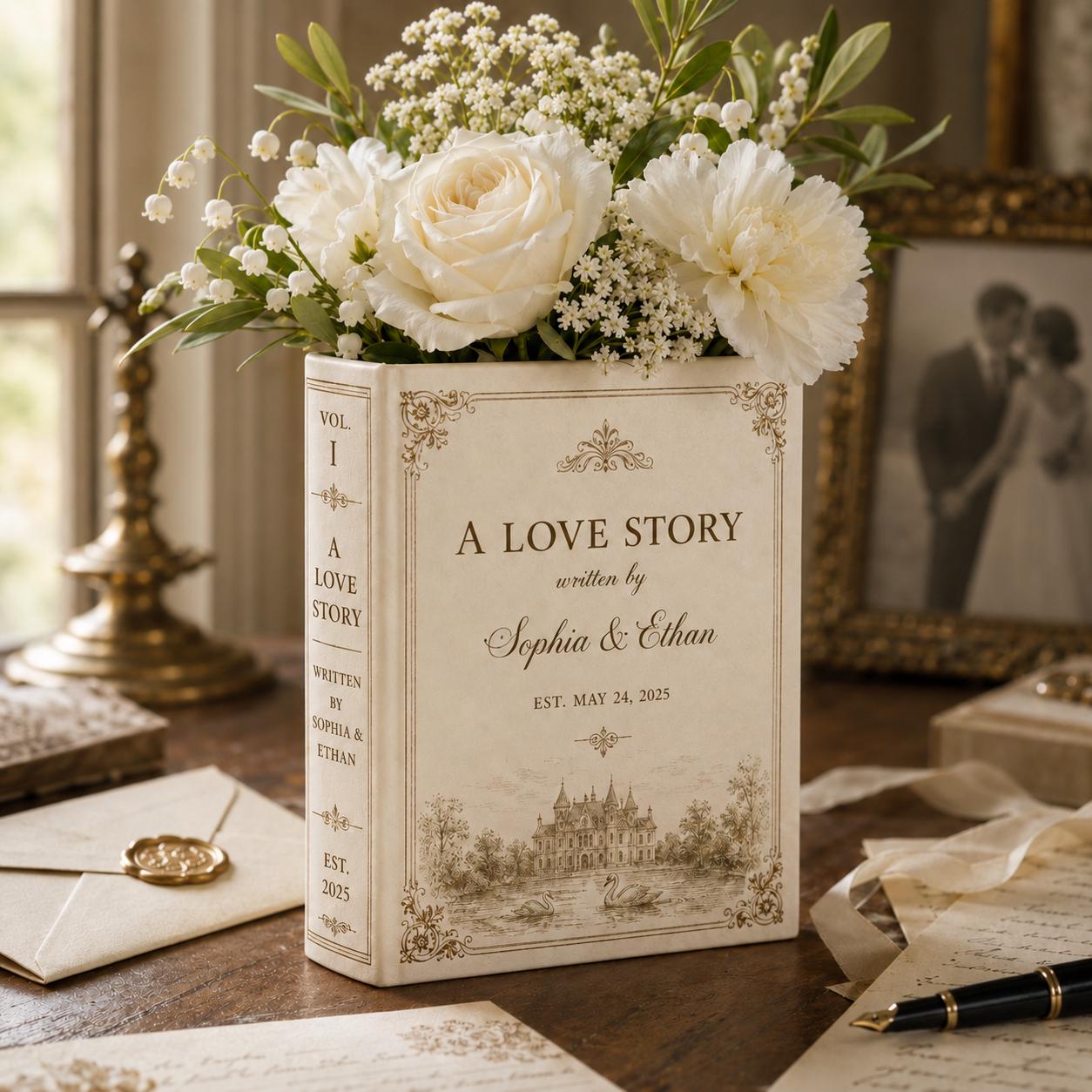 Personalized Ceramic Love Story Book Flower Vase – Romantic Anniversary Keepsake And Wedding Gift For Couple With Home Shelf Decoration