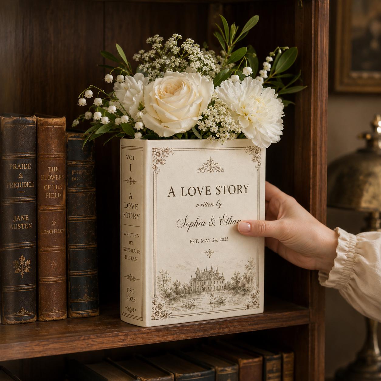 Personalized Ceramic Love Story Book Flower Vase – Romantic Anniversary Keepsake And Wedding Gift For Couple With Home Shelf Decoration - photo 2