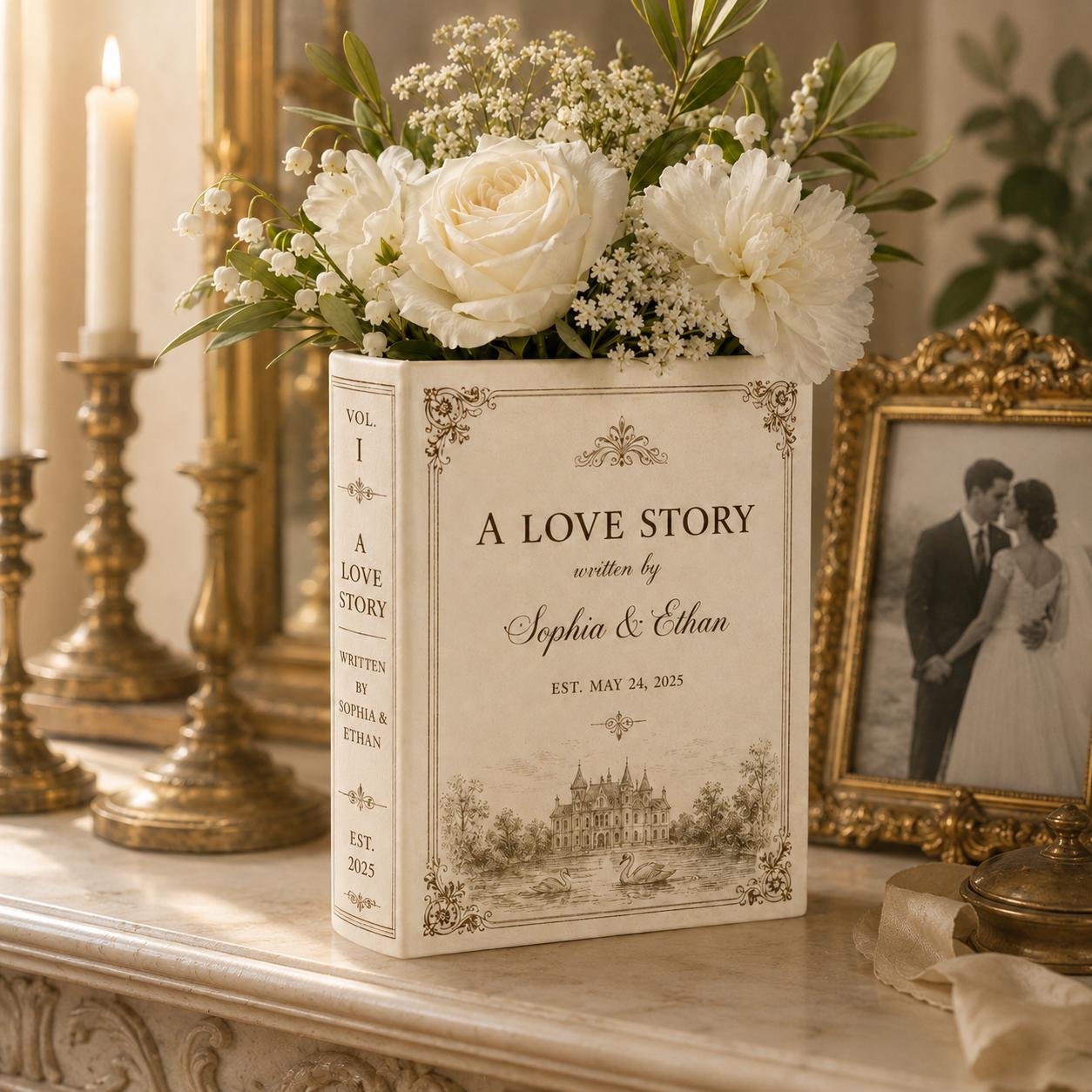 Personalized Ceramic Love Story Book Flower Vase – Romantic Anniversary Keepsake And Wedding Gift For Couple With Home Shelf Decoration - photo 3
