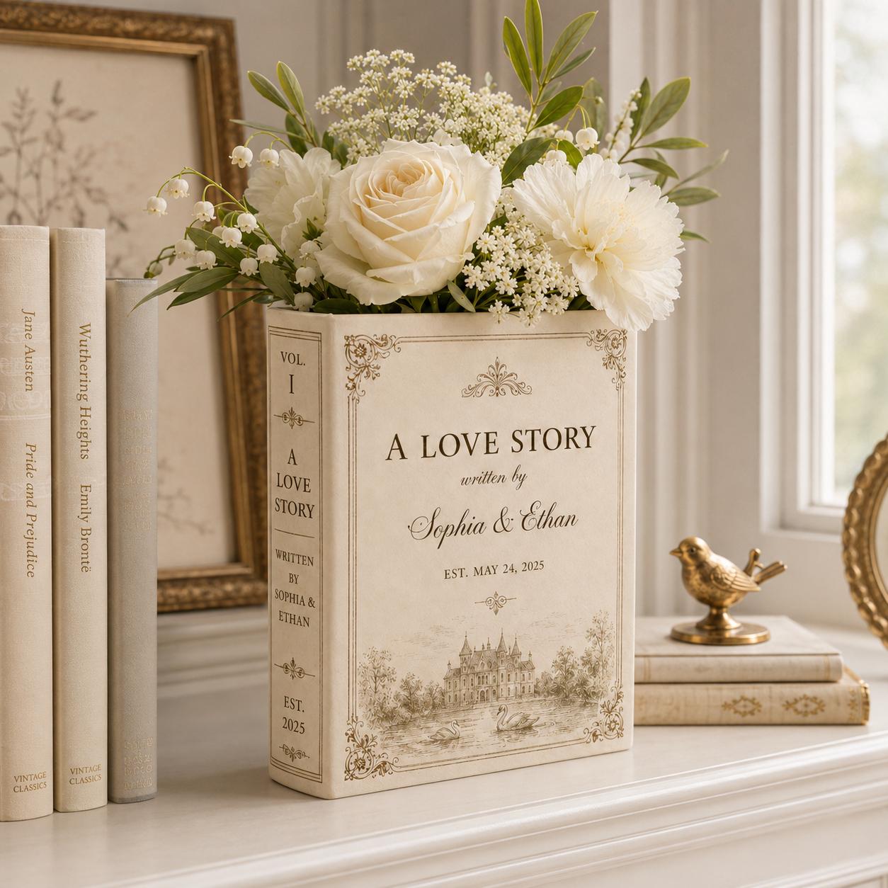 Personalized Ceramic Love Story Book Flower Vase – Romantic Anniversary Keepsake And Wedding Gift For Couple With Home Shelf Decoration - photo 6