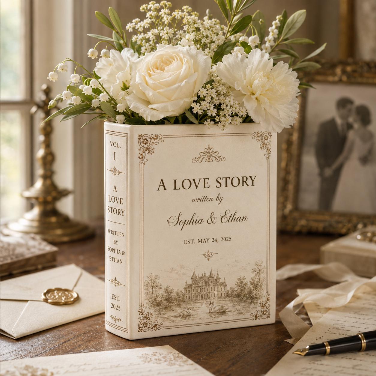 Personalized Ceramic Love Story Book Flower Vase – Romantic Anniversary Keepsake And Wedding Gift For Couple With Home Shelf Decoration - photo 7