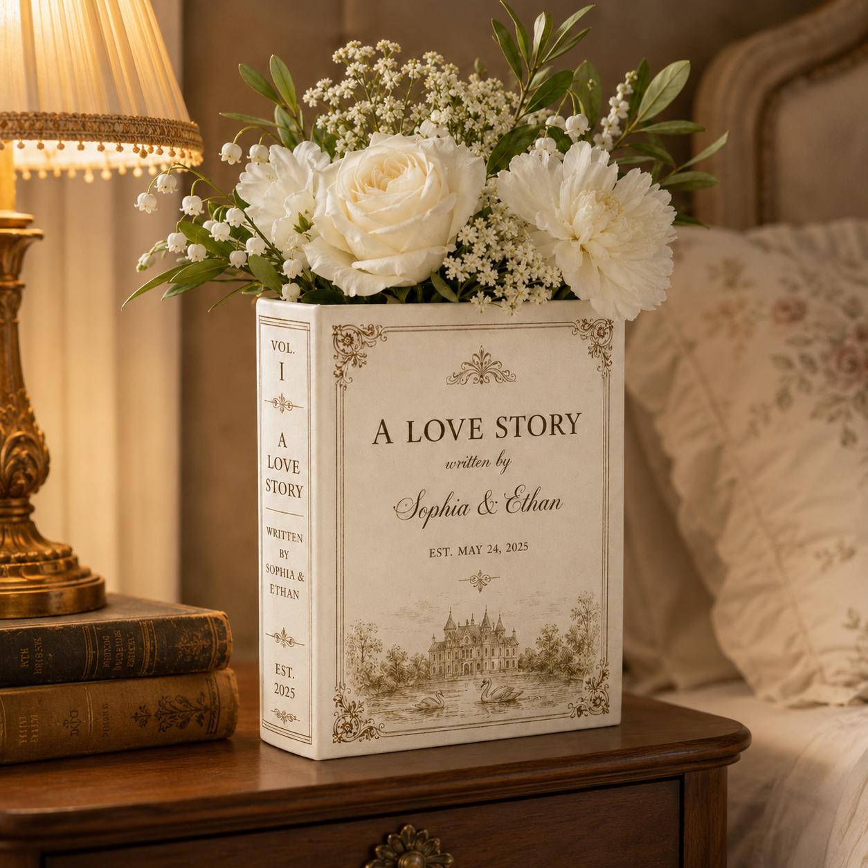 Personalized Ceramic Love Story Book Flower Vase – Romantic Anniversary Keepsake And Wedding Gift For Couple With Home Shelf Decoration - photo 8