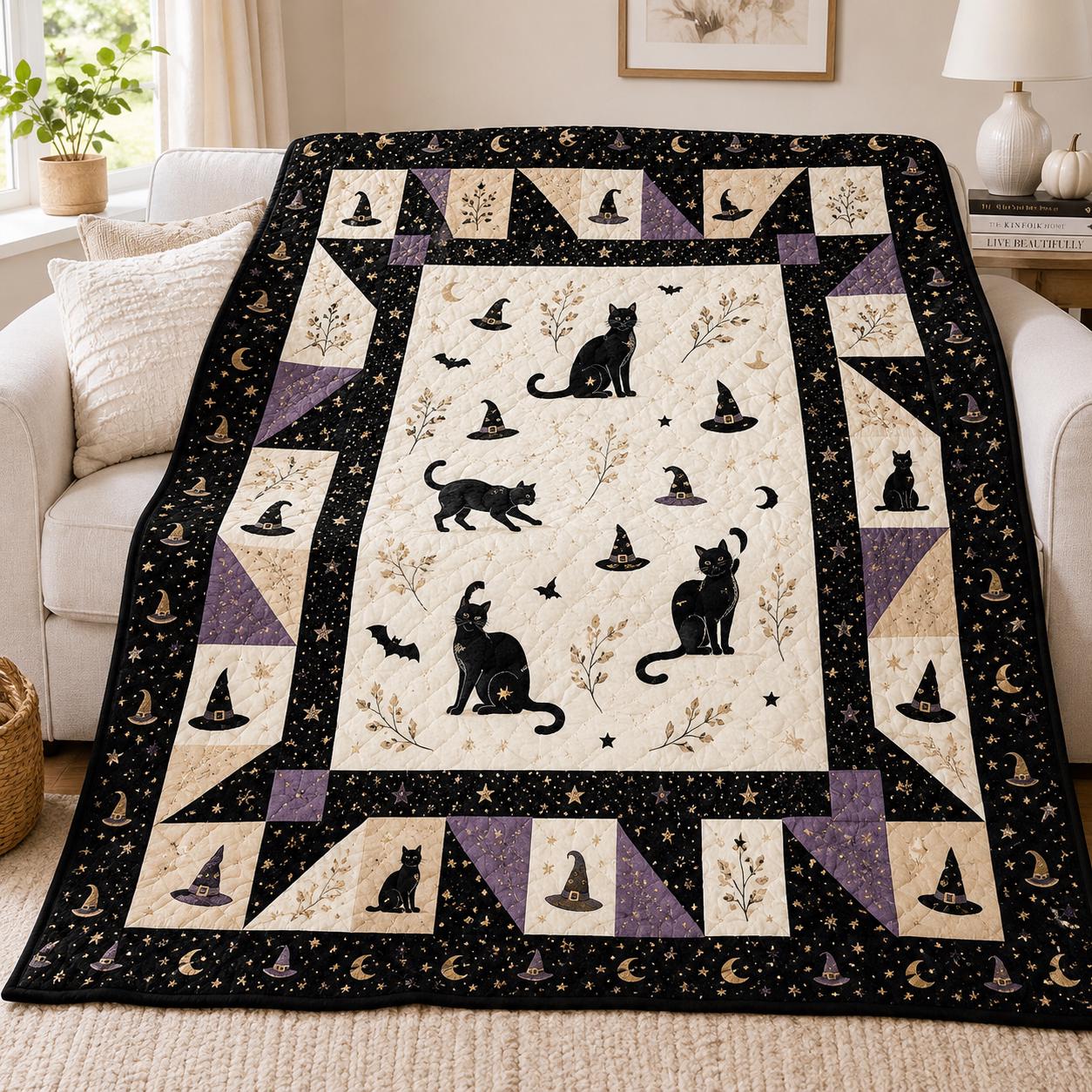Vintage Halloween Black Cat Quilt Blanket – Flying Bat Patchwork Floral Throw for Cozy Autumn Bedding and Rustic Farmhouse Fall Home Decor - photo 2