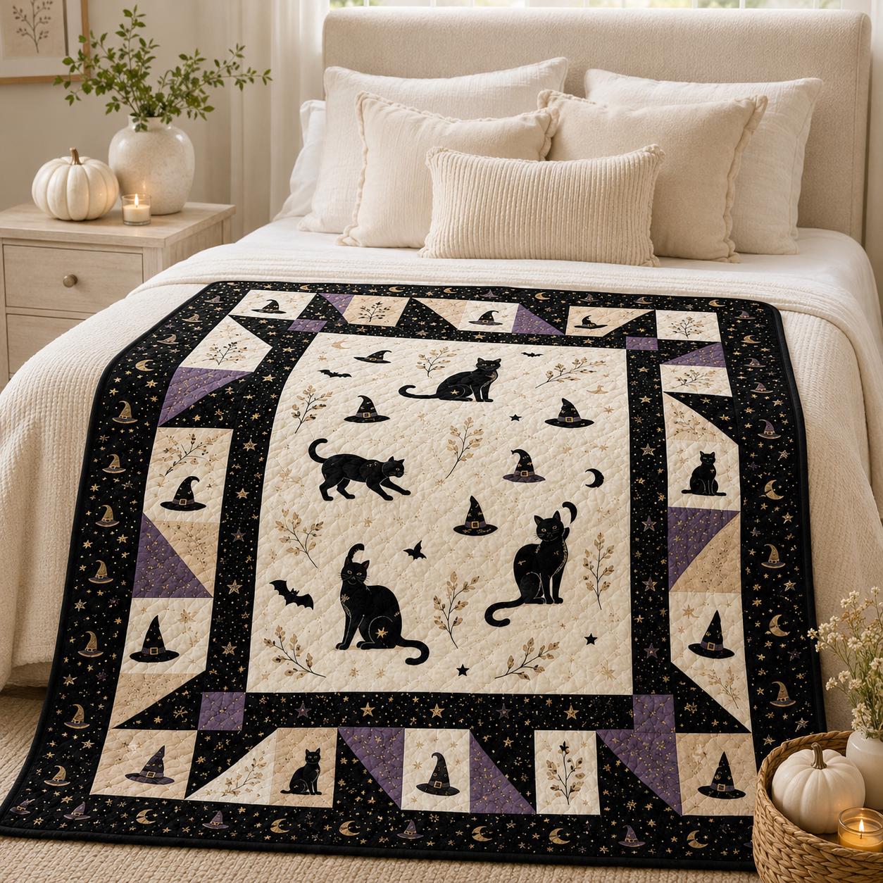Vintage Halloween Black Cat Quilt Blanket – Flying Bat Patchwork Floral Throw for Cozy Autumn Bedding and Rustic Farmhouse Fall Home Decor - photo 3