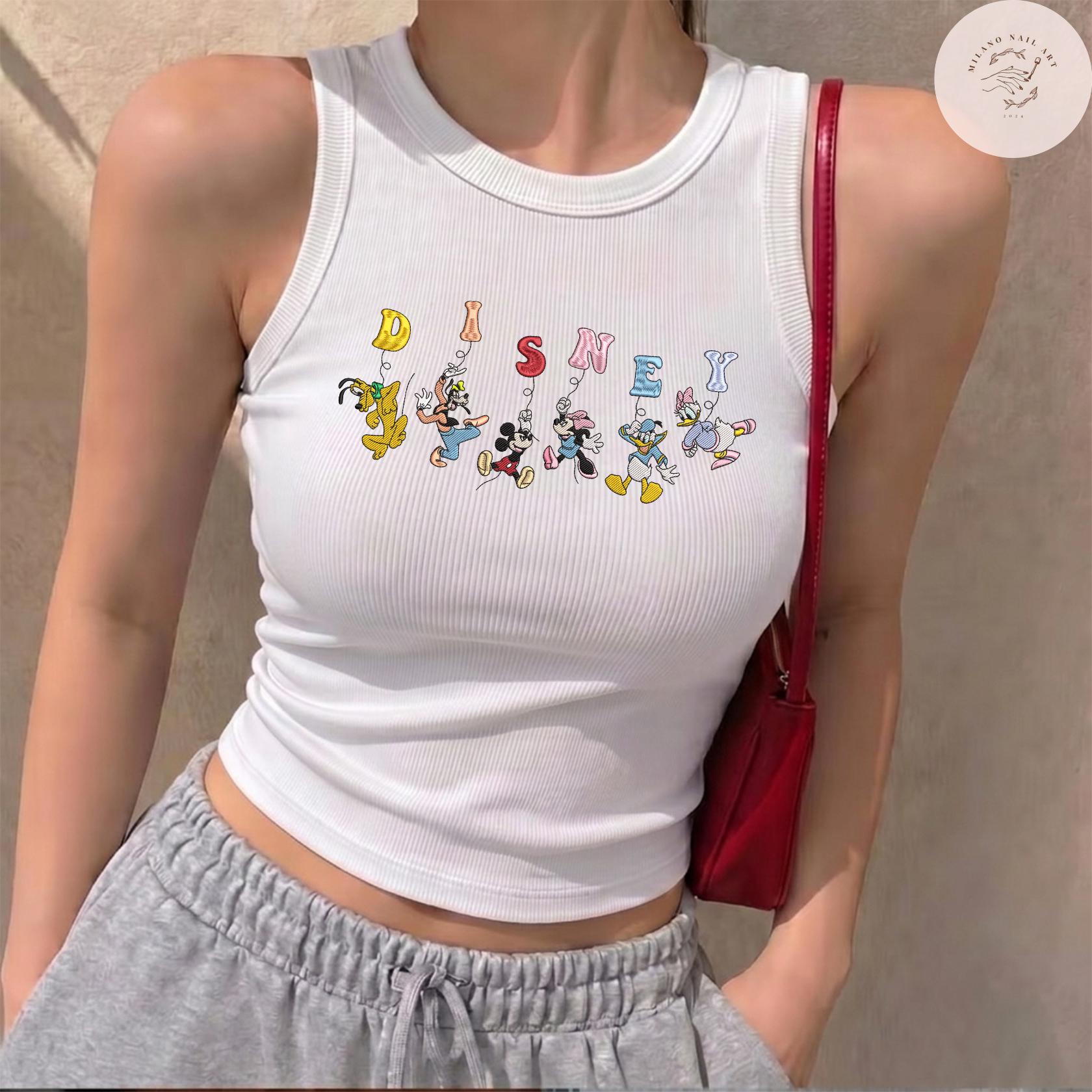 Embroidered Disney Mickey and Friends Balloon Lace Trim Tank Top Baby Tee With Minnie and Daisy for WDW Disneyland Vacation