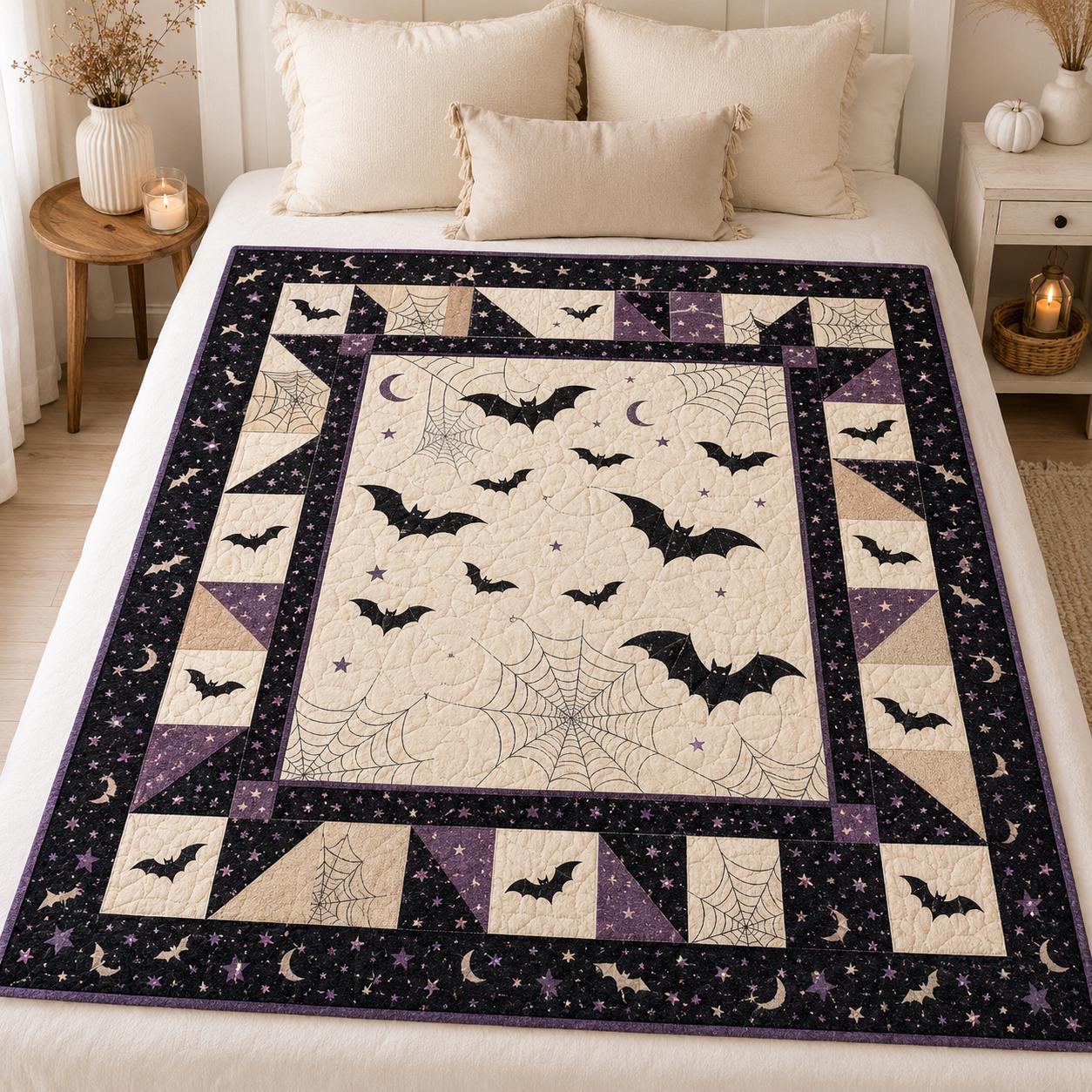 Vintage Halloween Quilted Style Blanket – Ghost Bat Pumpkin Patchwork Throw for Floral Cottagecore Bedding Cozy Autumn Farmhouse Decor Gift