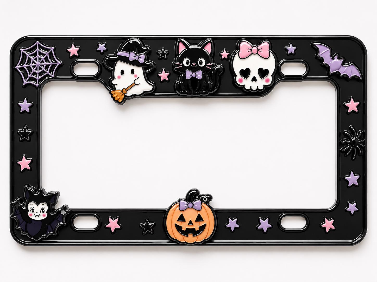 Cute Spooky Halloween License Plate Frame – Pink Skull Pumpkin, Ghost and Black Cat Car Tag Auto Decor Accessory Gift