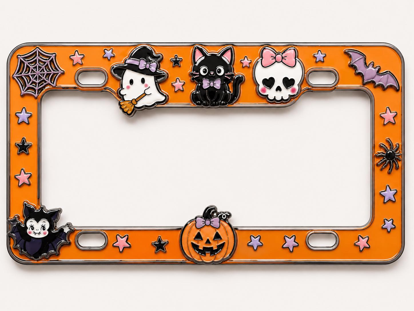 Cute Spooky Halloween License Plate Frame – Pink Skull Pumpkin, Ghost and Black Cat Car Tag Auto Decor Accessory Gift - photo 3