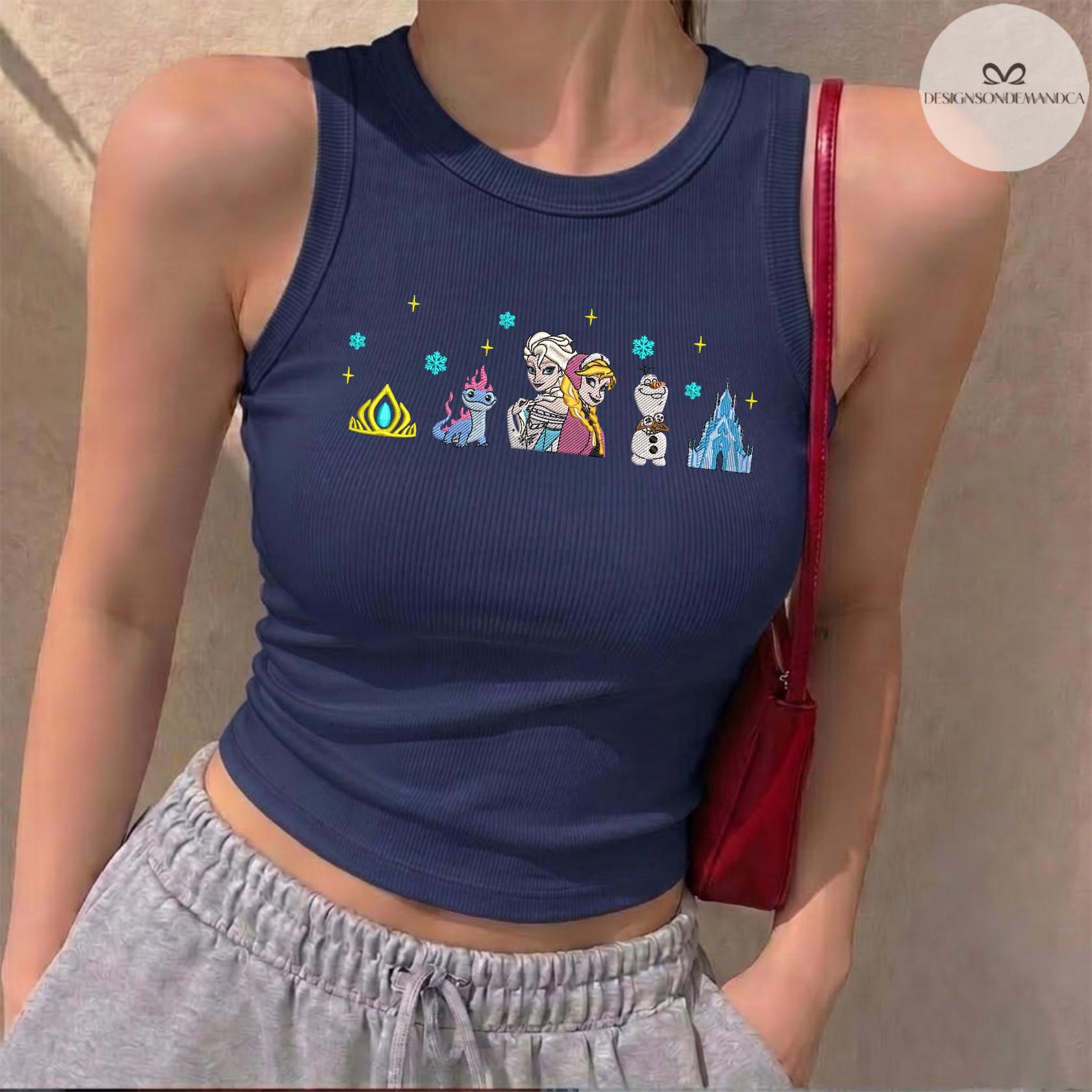 Embroidered Disney Frozen Princess Elsa Anna and Olaf Shirt With Lace Trim Tank Top Baby Tee for WDW Disneyland Trip