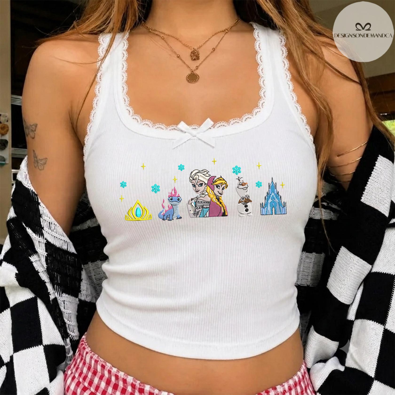 Embroidered Disney Frozen Princess Elsa Anna and Olaf Shirt With Lace Trim Tank Top Baby Tee for WDW Disneyland Trip - photo 5