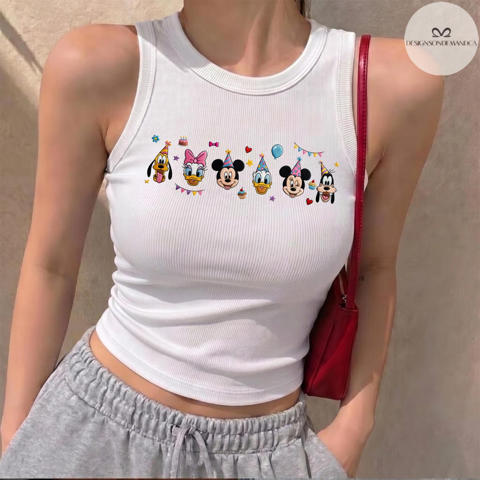 Embroidered Mickey and Friends Birthday Shirt With Coquette Lace Trim Tank Top Baby Tee for Disney WDW Disneyland Trip Gift
