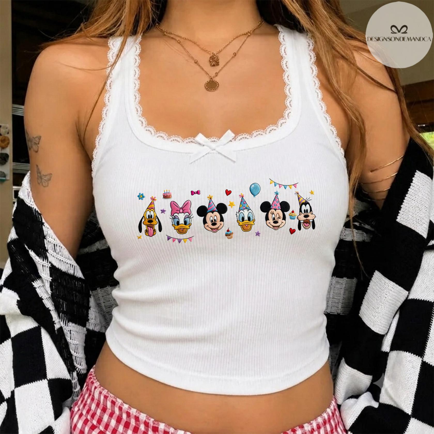 Embroidered Mickey and Friends Birthday Shirt With Coquette Lace Trim Tank Top Baby Tee for Disney WDW Disneyland Trip Gift - photo 3