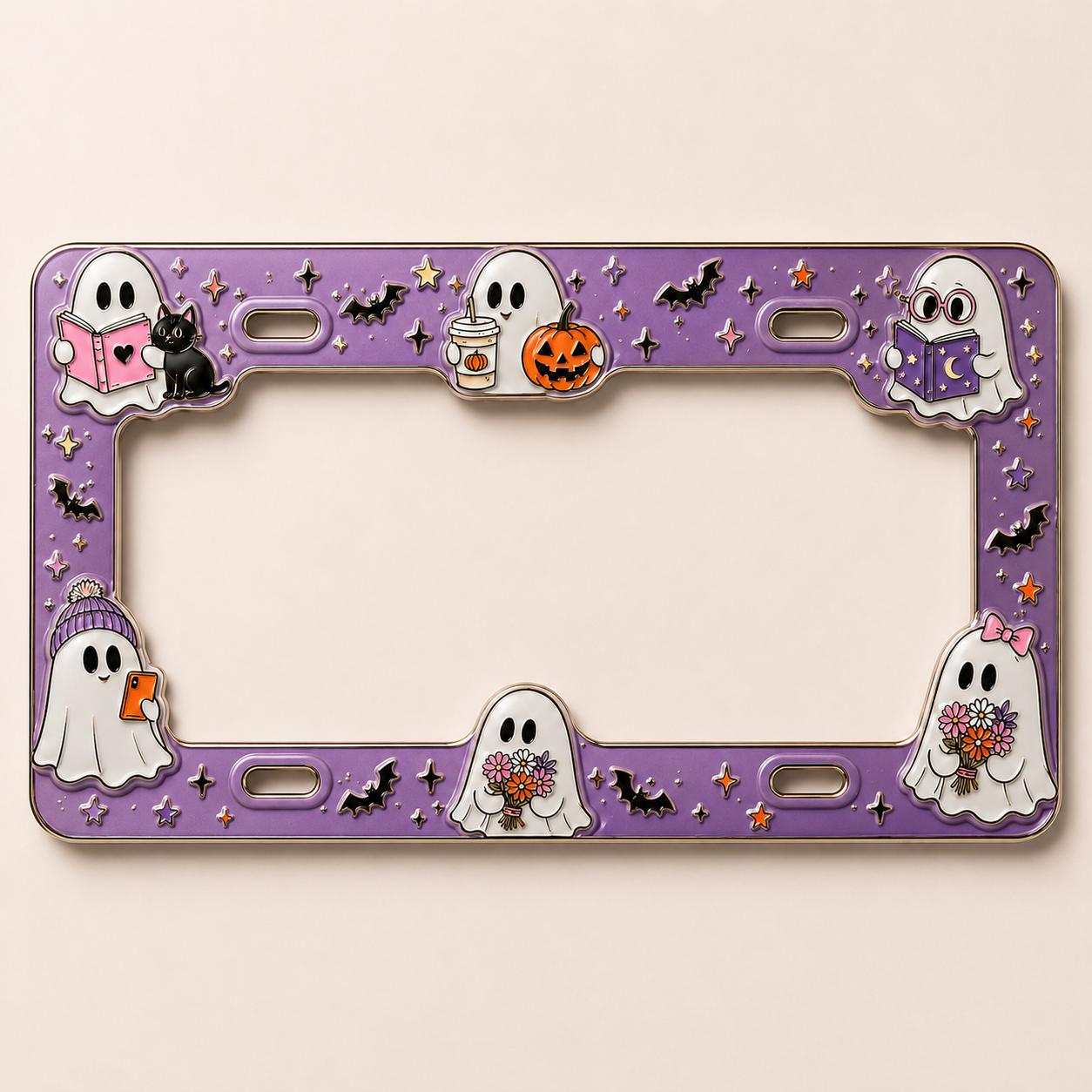 Cute Spooky Halloween License Plate Frame – Ghost, Black Cat and Pumpkin Skull Bat Car Tag Auto Decor Accessory Gift